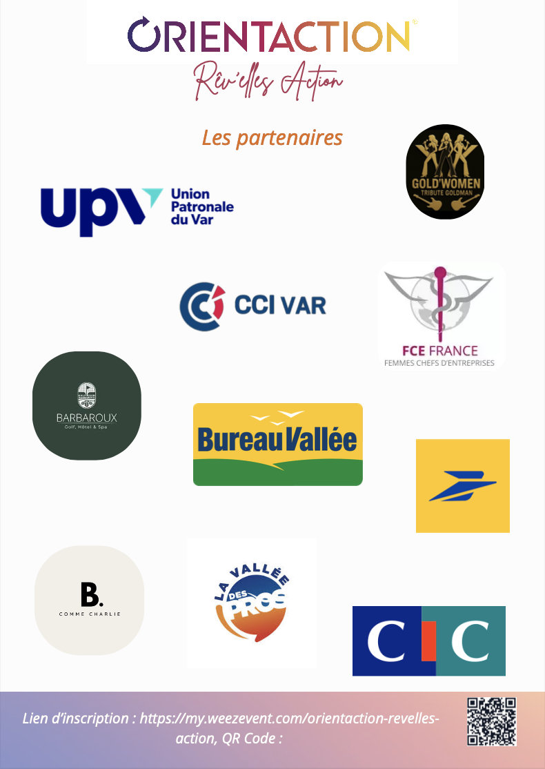 Logos des partenaires (CCI, FCE France, Union Patronale du Var) validant la qualité et le réseau professionnel de l'événement Rêv'elles'Action.